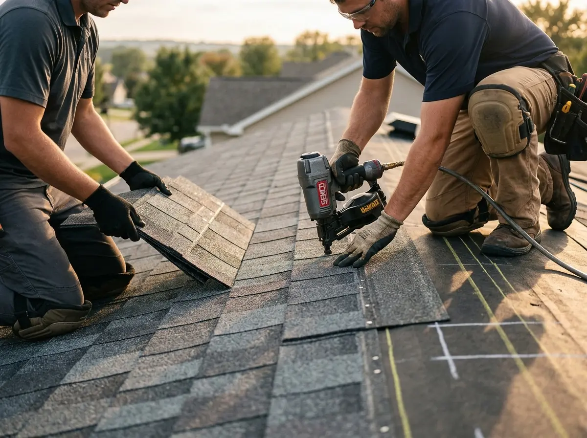 Professional roofer working on a residential roof in Peninsula